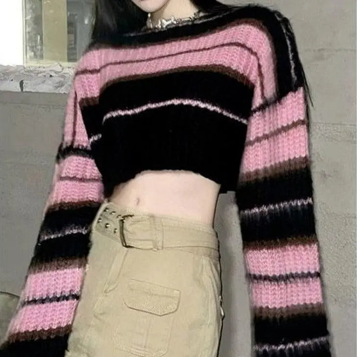 Goth Black Pink Striped Cropped Sweater Puppy's Aesthetics