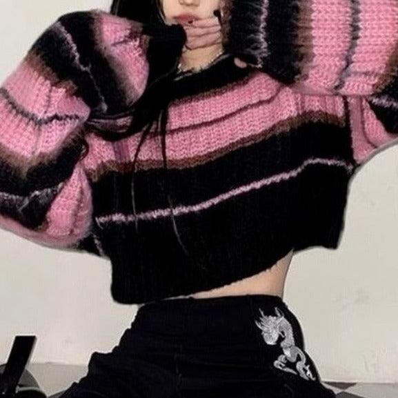 Goth Black Pink Striped Cropped Sweater Puppy's Aesthetics