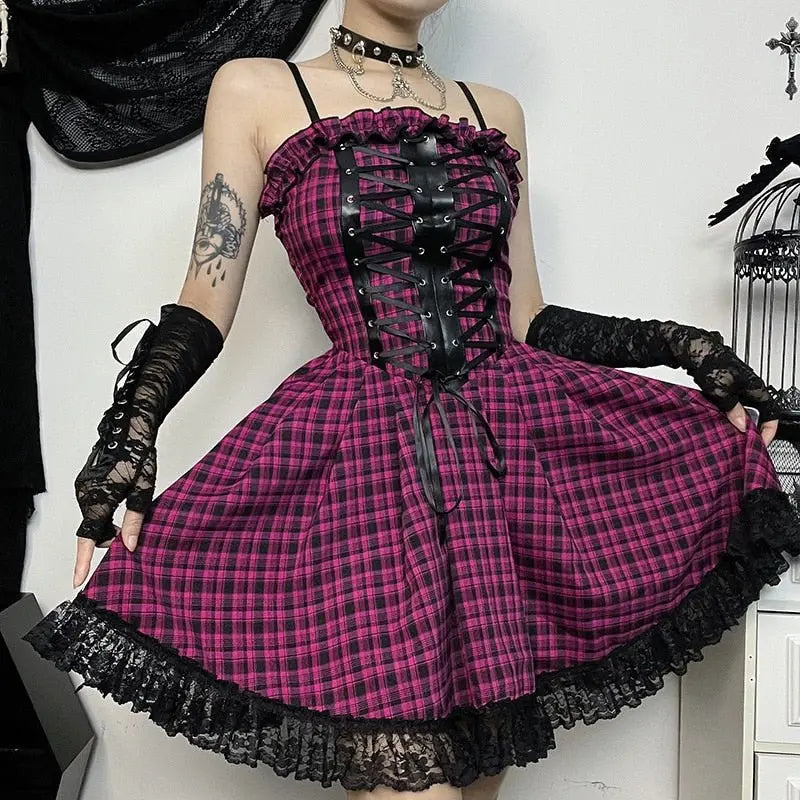 Gothic Aesthetic Elegant Plaid Lace Dress Puppy's Aesthetics