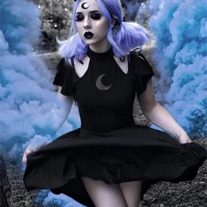 Gothic Moon Halter Slim Dress Puppy's Aesthetics
