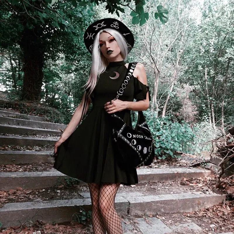 Gothic Moon Halter Slim Dress Puppy's Aesthetics