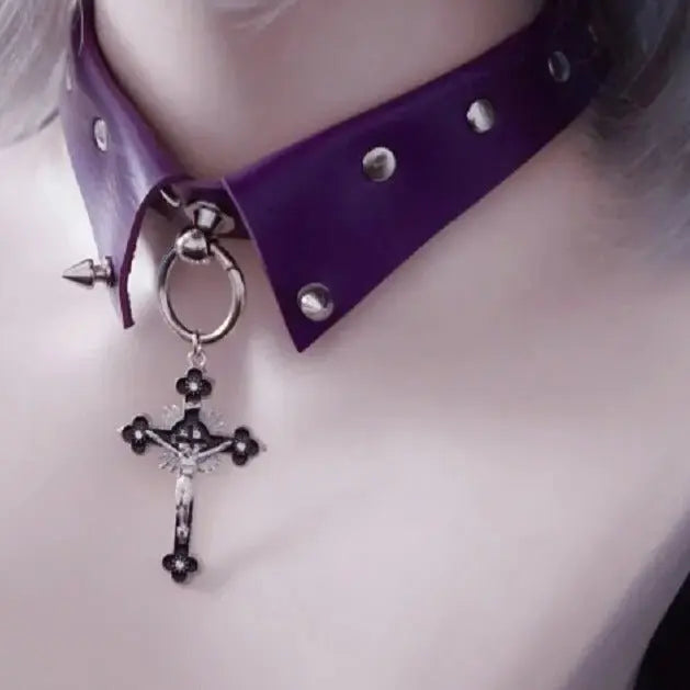 Gothic Purple Cross Leather Collar Puppy's Aesthetics