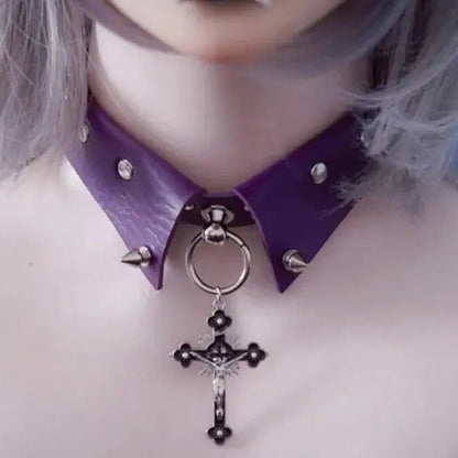 Gothic Purple Cross Leather Collar Puppy's Aesthetics