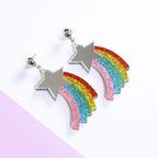 Star-shaped earrings with rainbow designs on a white background