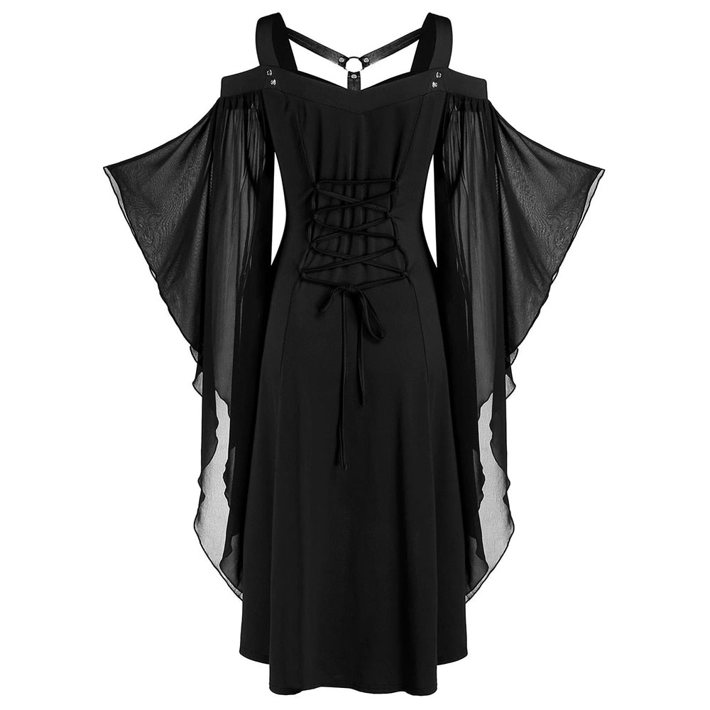 Plus Batwing Sleeve Lace-Up Harness Cold Shoulder Dress (Colors)