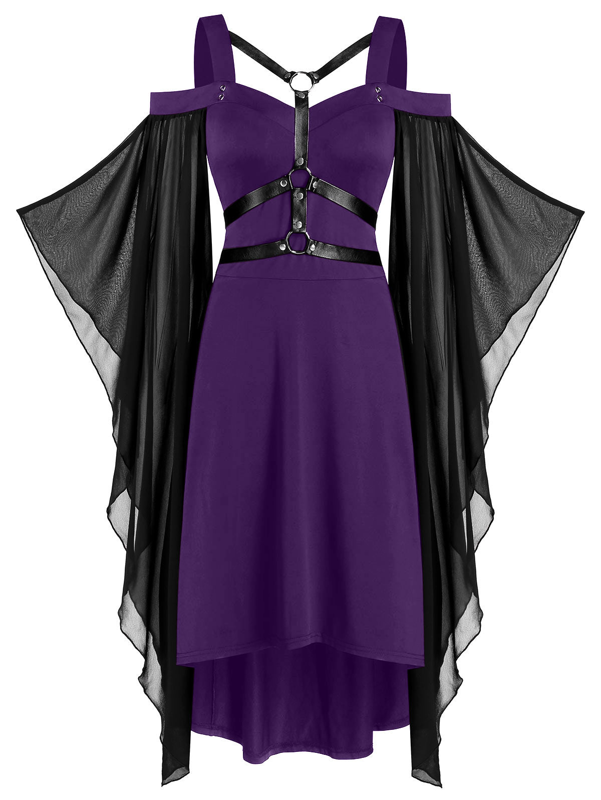 Plus Batwing Sleeve Lace-Up Harness Cold Shoulder Dress (Colors) Purple