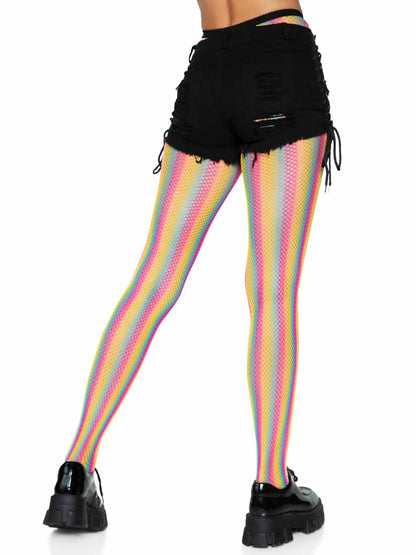 USA Only - Neon Rainbow Striped Fishnet Tights - Multicolor (One Size)