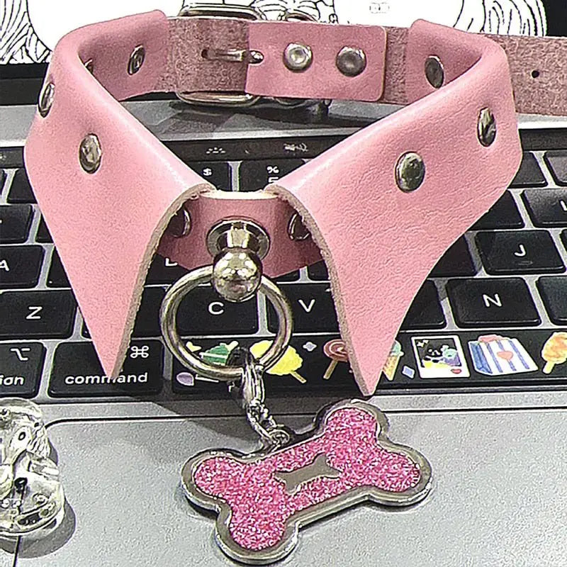 Harajuku Pink Leather Collar Bone Pendant Puppy's Aesthetics