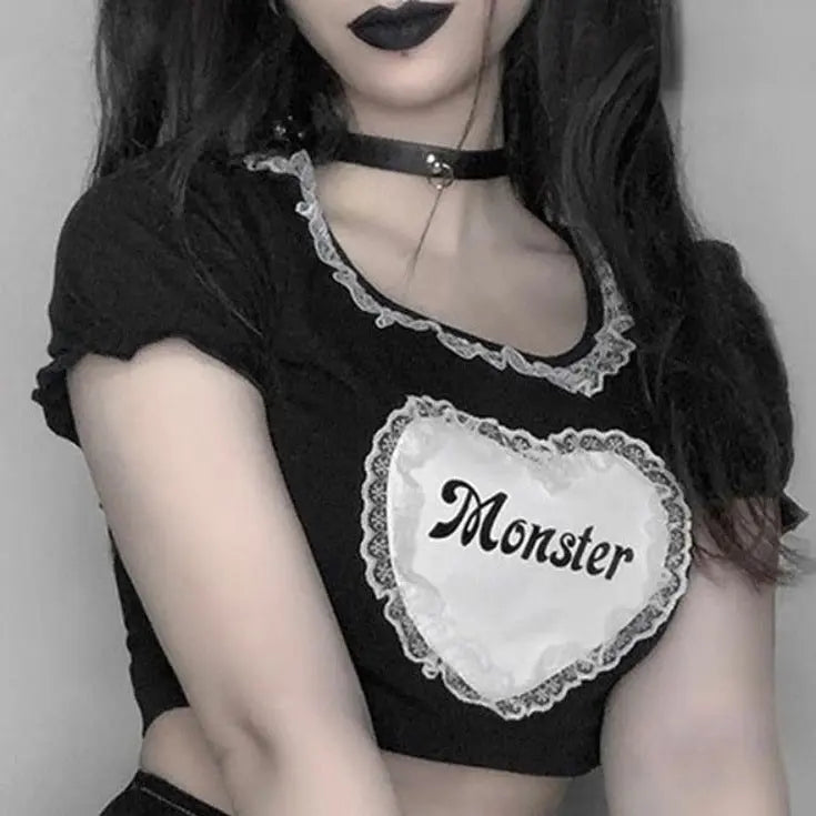 Heart 'Monster' Lace Black Gothic Crop Top Puppy's Aesthetics