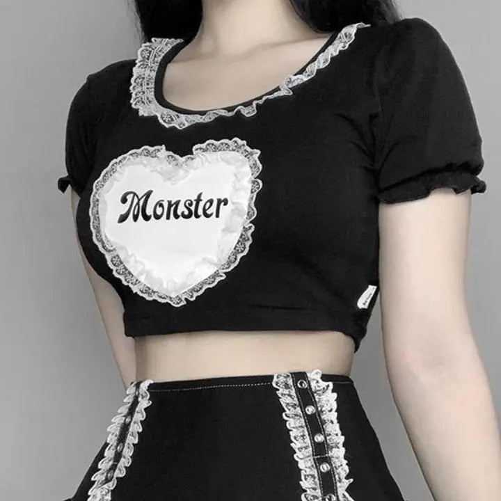 Heart 'Monster' Lace Black Gothic Crop Top Puppy's Aesthetics