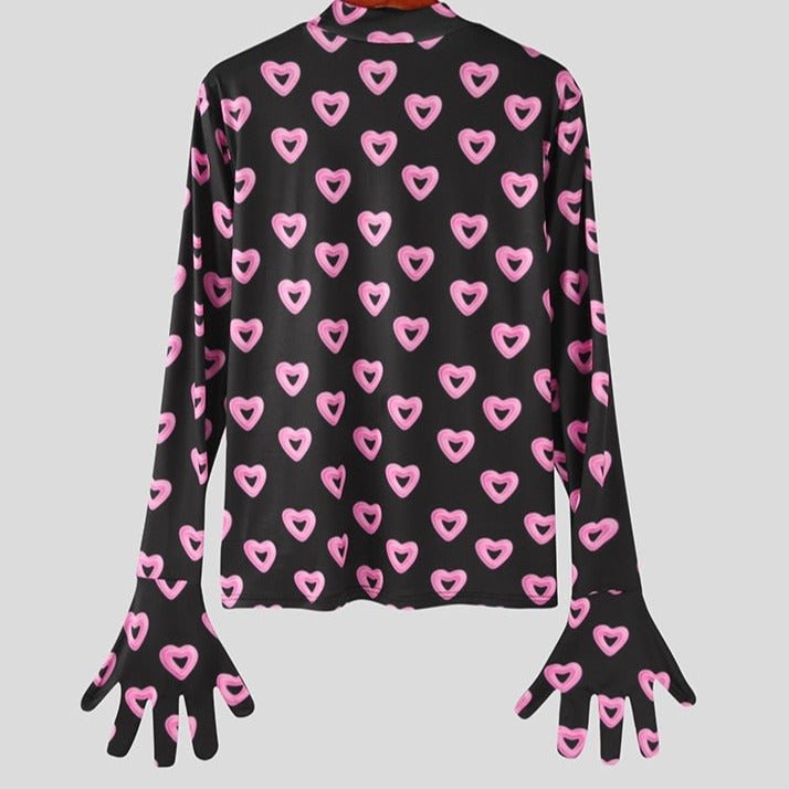 Heart Print Long Sleeve Gloves Top Puppy's Aesthetics