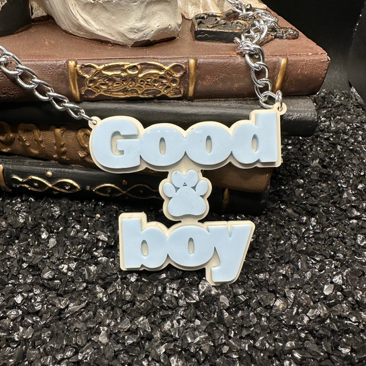Good Boy Pup Acrylic Blue Necklace