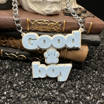 Good Boy Pup Acrylic Blue Necklace