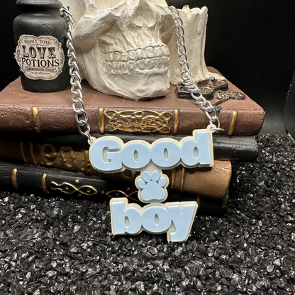 Good Boy Pup Acrylic Blue Necklace