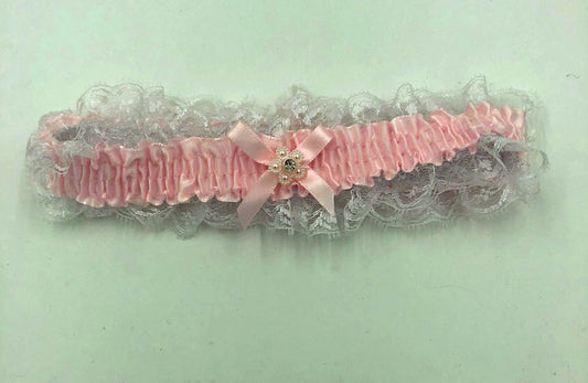 Satin Leg Garter One Size Baby Pink With White Lace