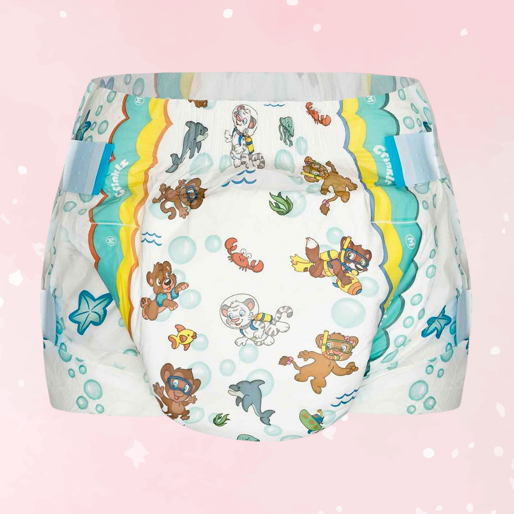 Baby diaper with cartoon animal pattern on a pink background