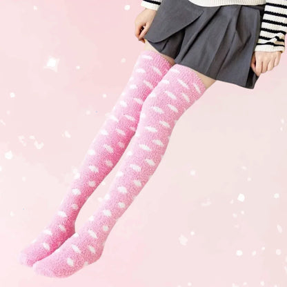 Coral Velvet Striped Thigh-High Socks (Colors) - Puppy's Aesthetics