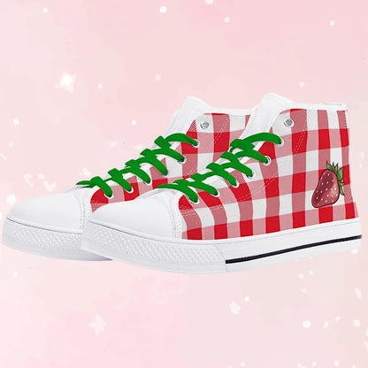 Plaid Strawbie Unisex High Top Canvas Shoes - Puppy's Aesthetics