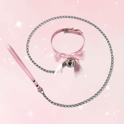 Cute Pink Ribbon Bell Collar + Leash (Colors)