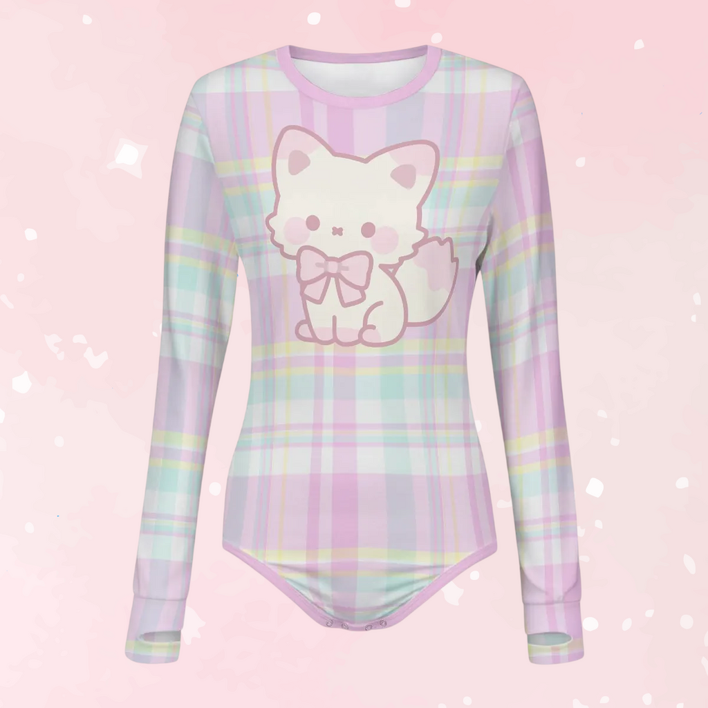 Pastel Plaid Kitty Long Sleeve CuddleSuit