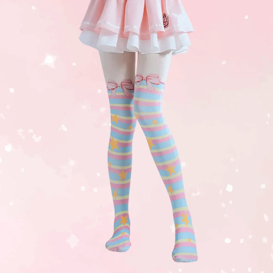 Lolita Bowknot Striped Rainbow Pantyhose - Puppy's Aesthetics