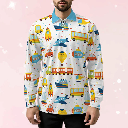 Playful Transport Long Sleeve Polo Shirt - Puppy's Aesthetics