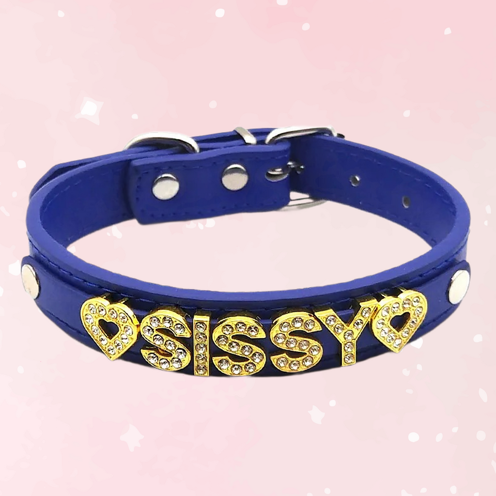 Sissy Rhinestone Blue Leather Collar