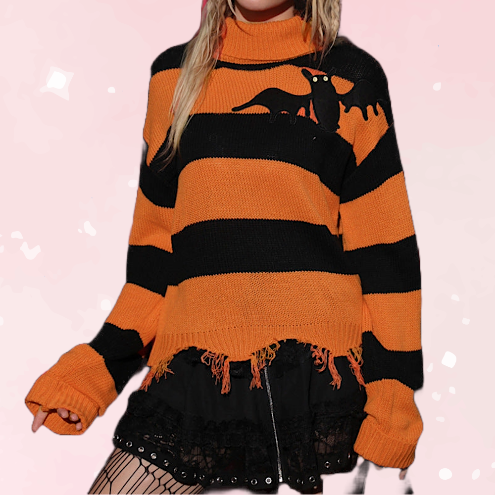 Striped Bat Embroidered Turtleneck Sweater