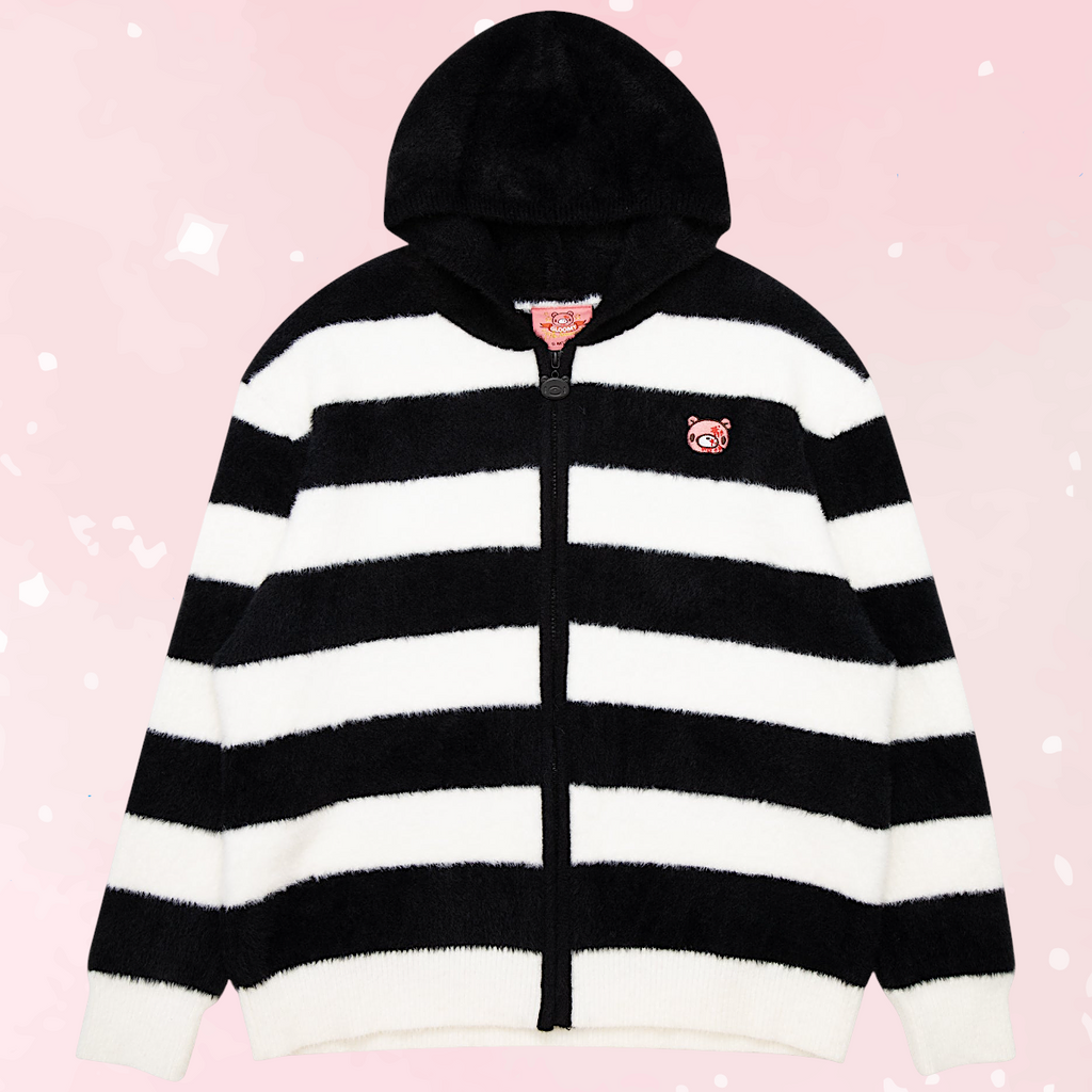 Gloomy Bear Striped Fuzzy Zip Up Jacket
