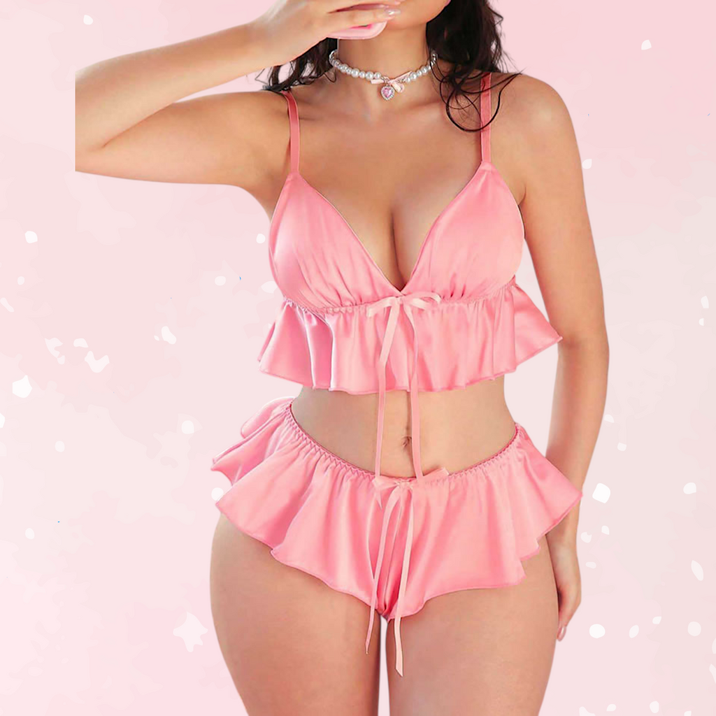 Pink Satin Ruffle Bralette Set