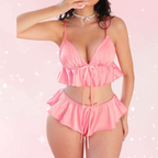 Pink Satin Ruffle Bralette Set