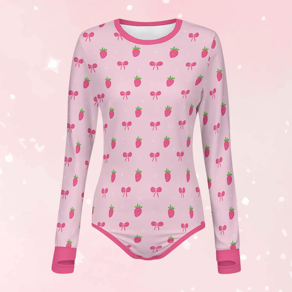 Strawberry Bow Long Sleeve CuddleSuit