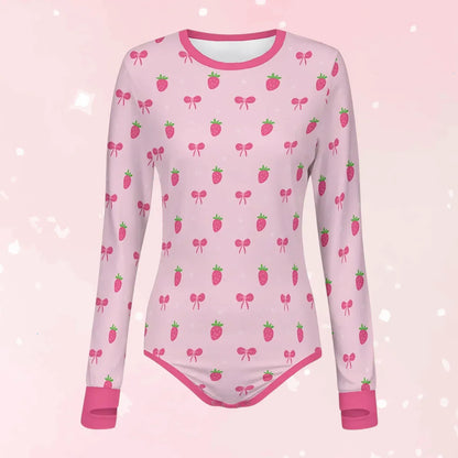 Strawberry Bow Long Sleeve CuddleSuit - Puppy's Aesthetics