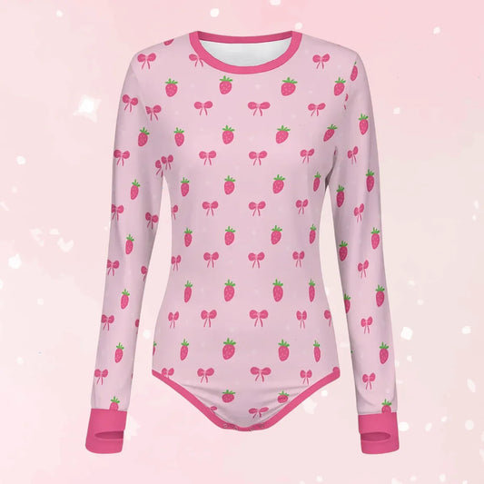 Strawberry Bow Long Sleeve CuddleSuit - Puppy's Aesthetics