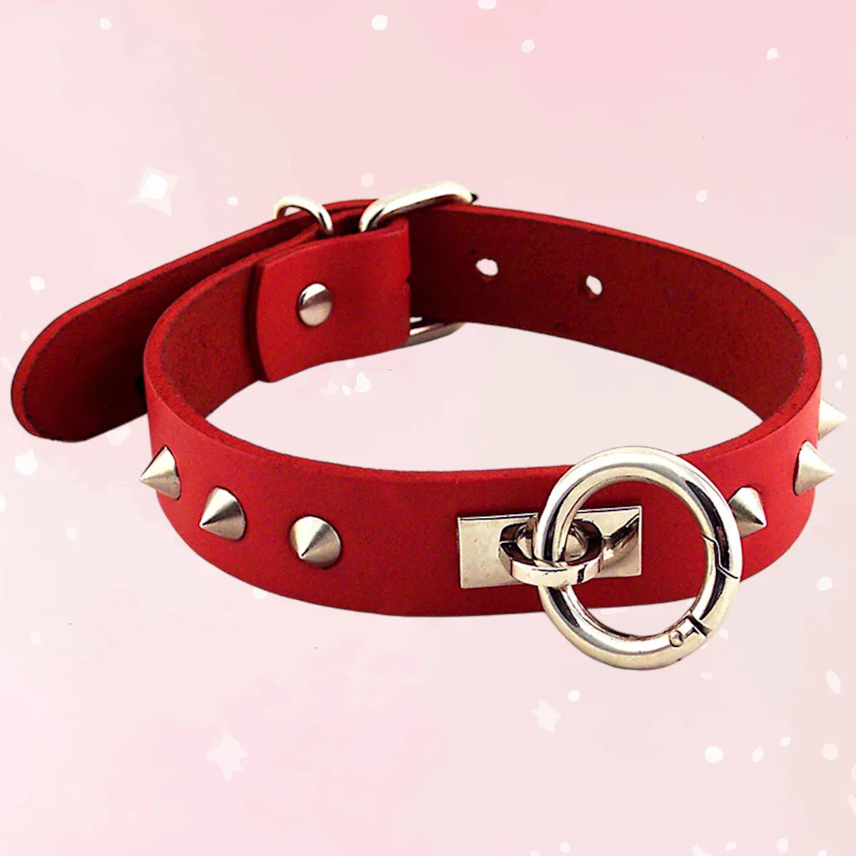 Red Studded O-Ring Leather Collar - Puppy's Aesthetics