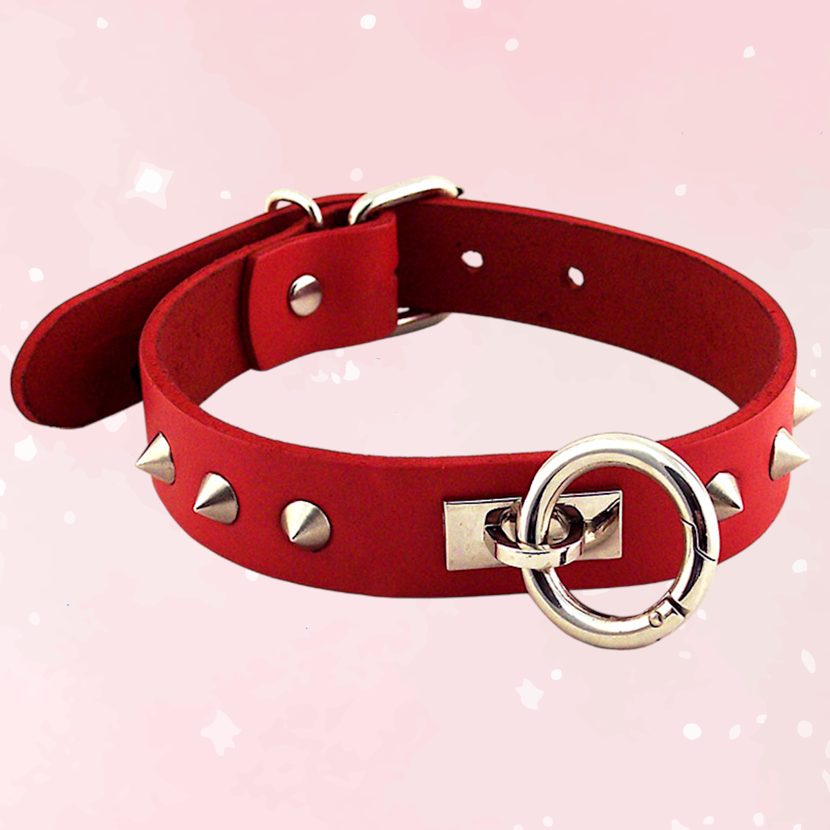 Red Studded O-Ring Leather Collar