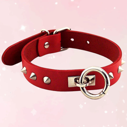 Red Studded O-Ring Leather Collar - Puppy's Aesthetics
