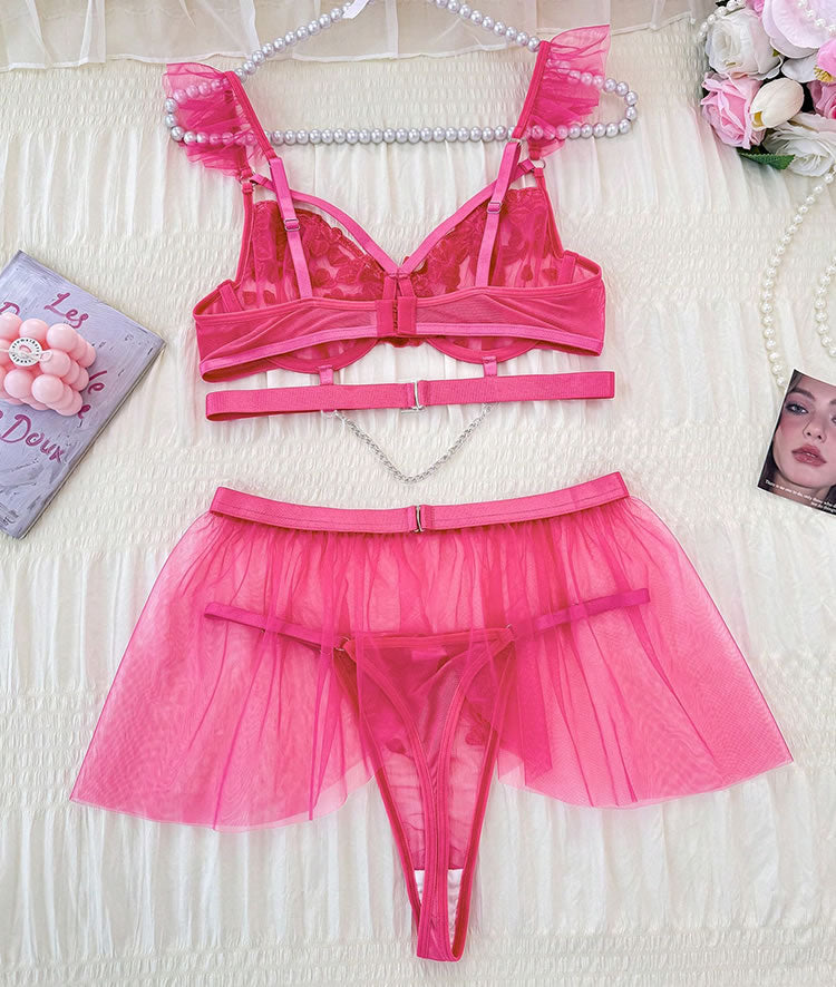 Pink Heart Lace Bra & Tulle Skirt Set