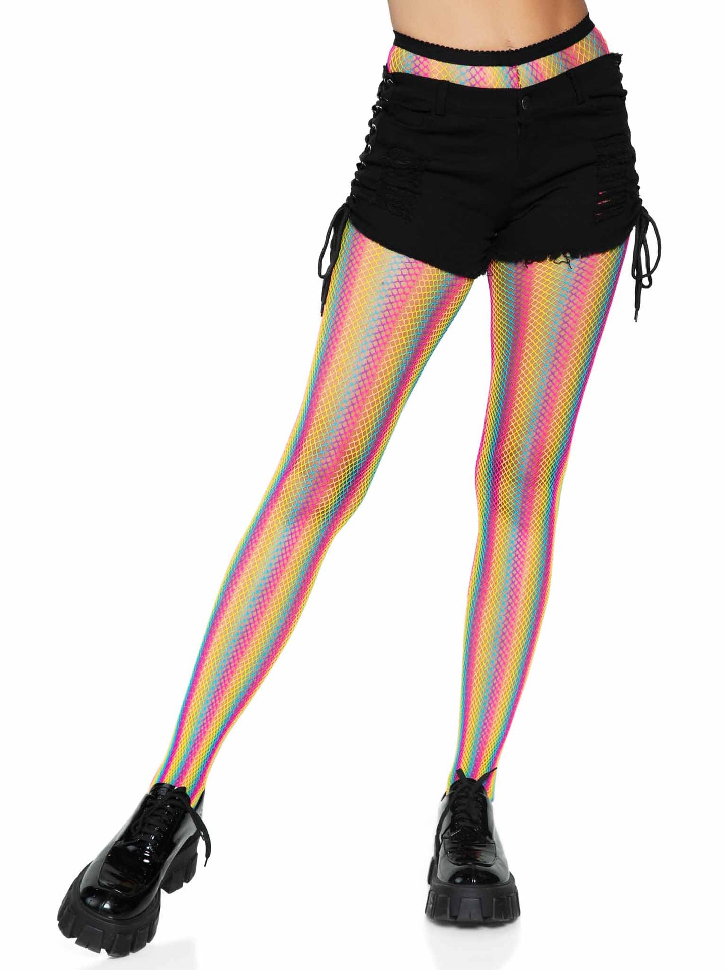 USA Only - Neon Rainbow Striped Fishnet Tights - Multicolor (One Size)