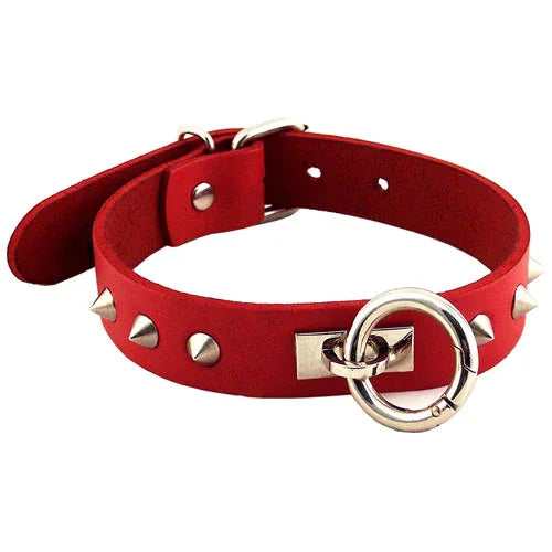 Red Studded O-Ring Leather Collar - Puppy's Aesthetics
