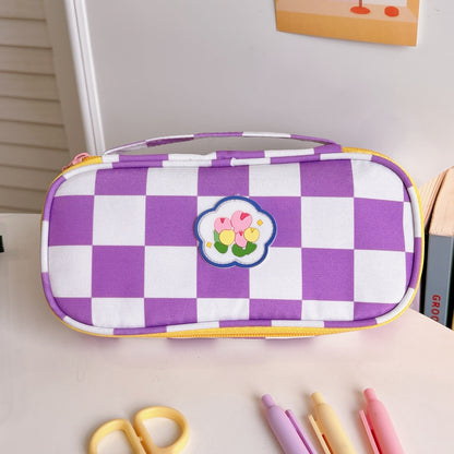 Kawaii Checkerboard Pencil Case (Colors) Purple-Portable
