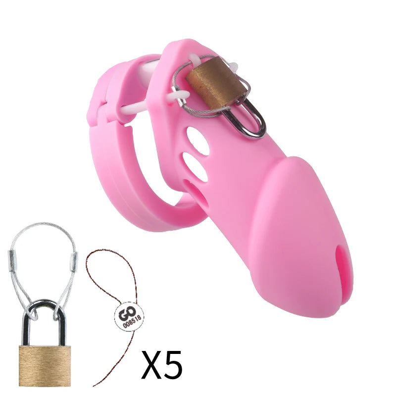 Silicone Chastity Cage Male Cock Lock with 5 Penis Rings