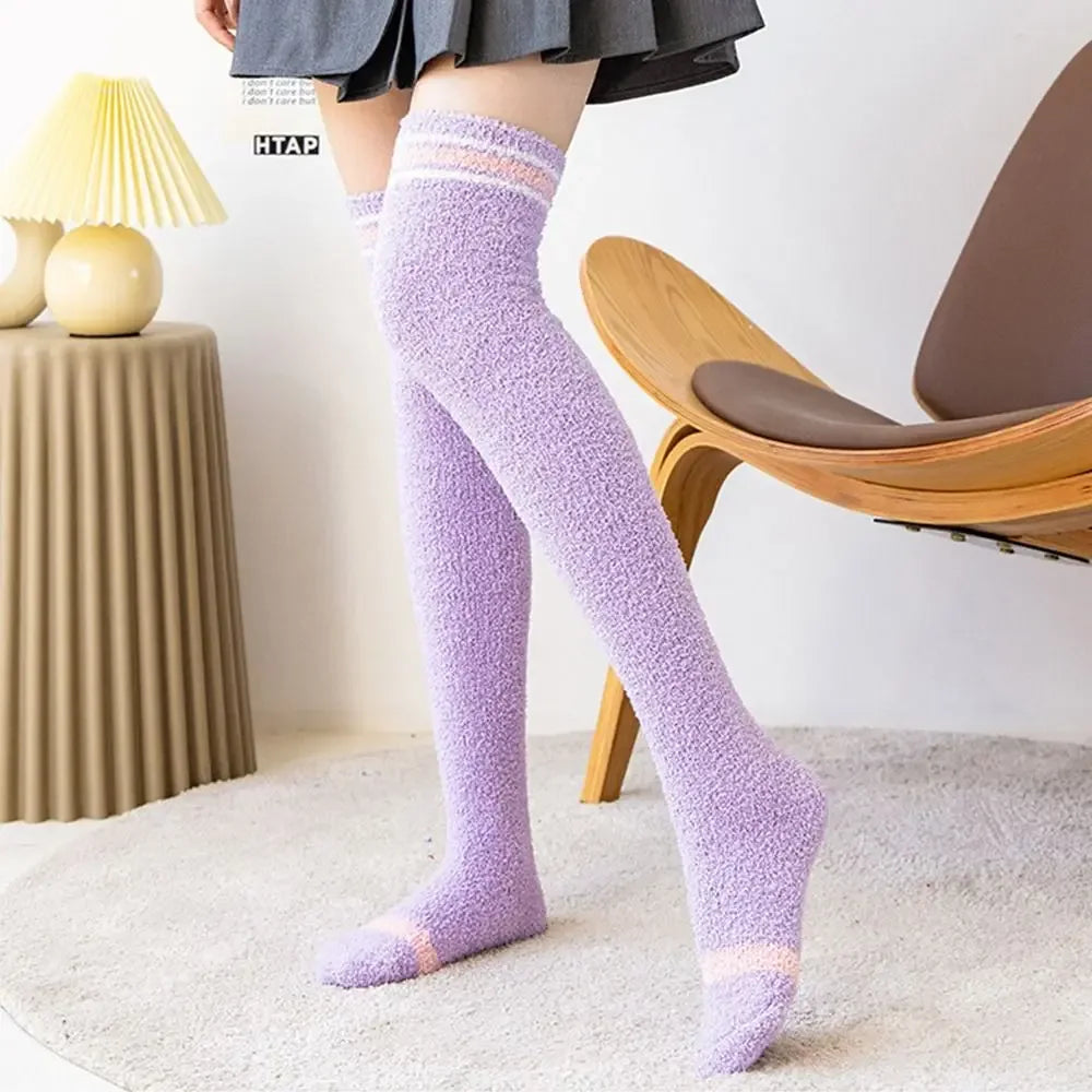 Coral Velvet Striped Thigh-High Socks (Colors) - Puppy's Aesthetics