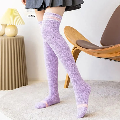 Coral Velvet Striped Thigh-High Socks (Colors) - Puppy's Aesthetics