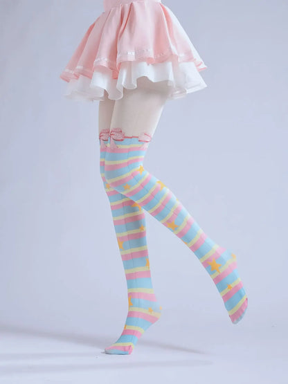 Lolita Bowknot Striped Rainbow Pantyhose - Puppy's Aesthetics
