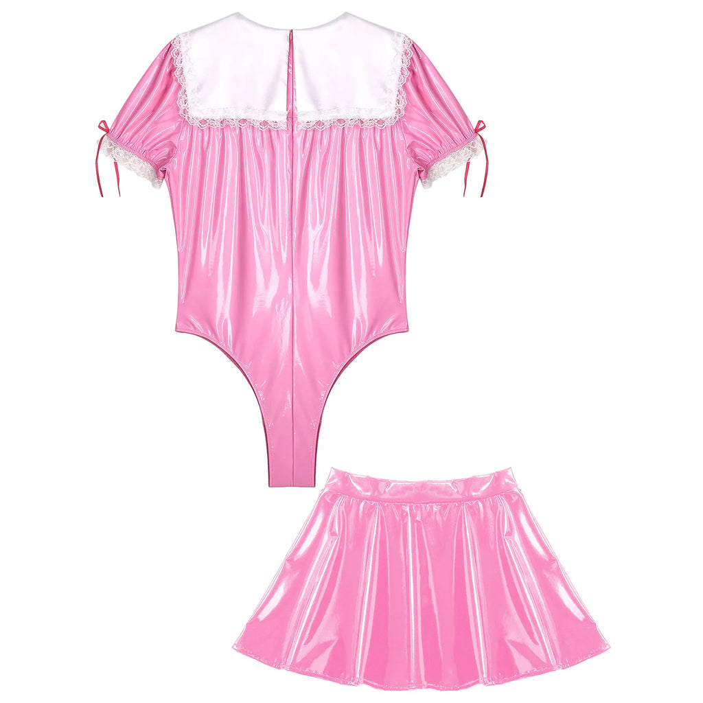 Pink Patent Sissy Maid Suit with Flared Skirt