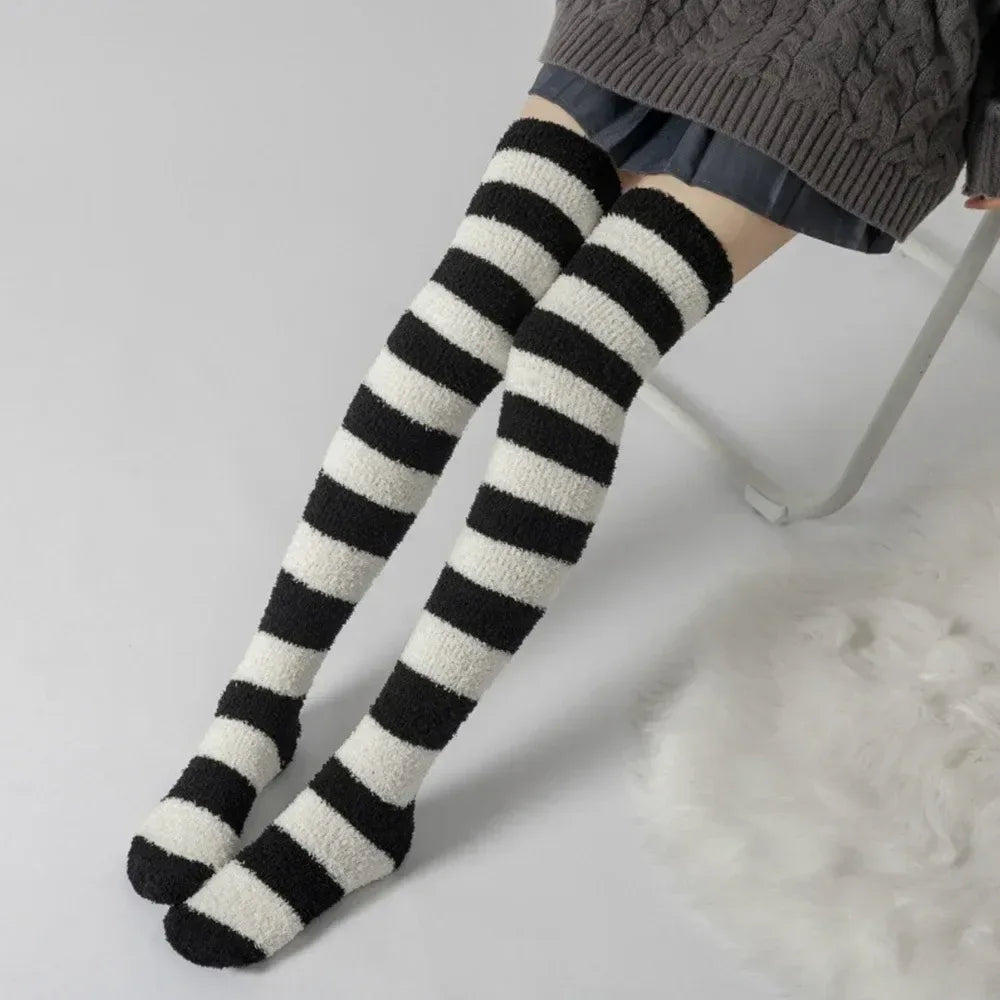 Coral Velvet Striped Thigh-High Socks (Colors) - Puppy's Aesthetics