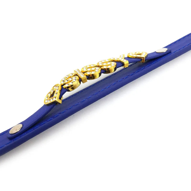 Sissy Rhinestone Blue Leather Collar