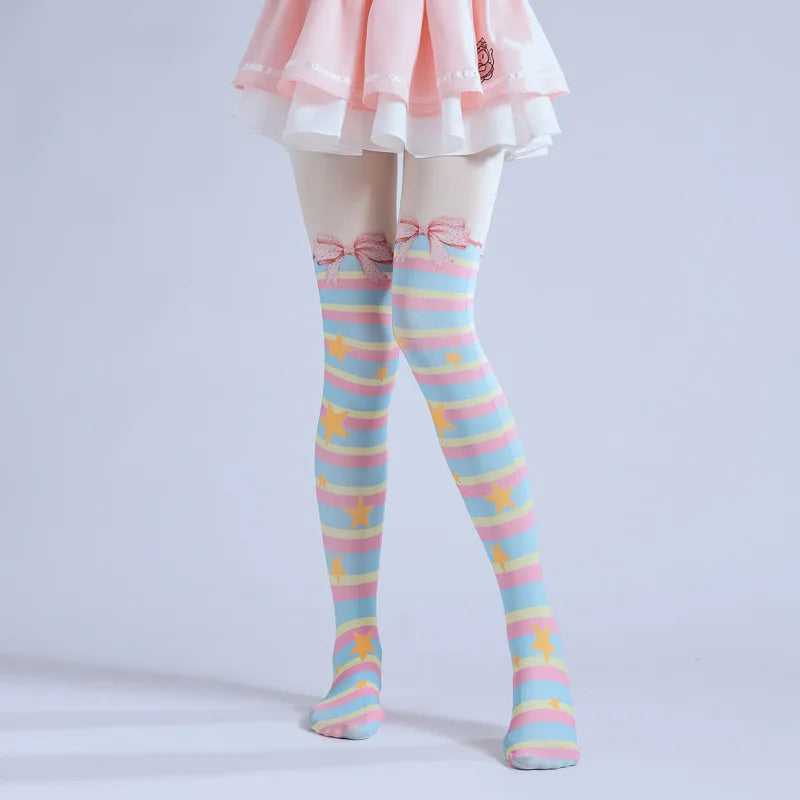 Lolita Bowknot Striped Rainbow Pantyhose