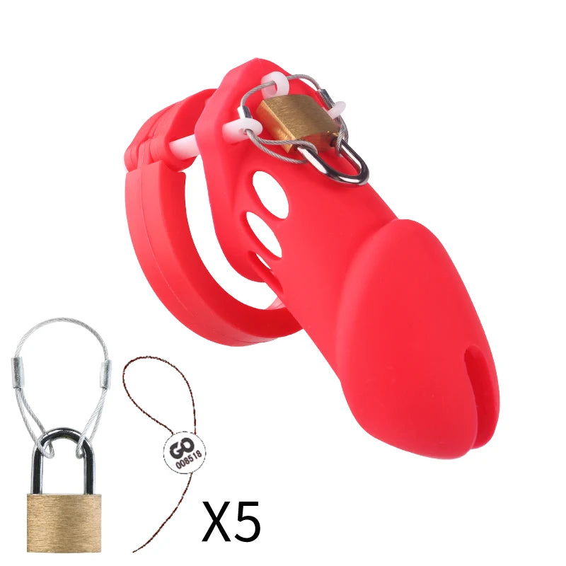 Silicone Chastity Cage Male Cock Lock with 5 Penis Rings